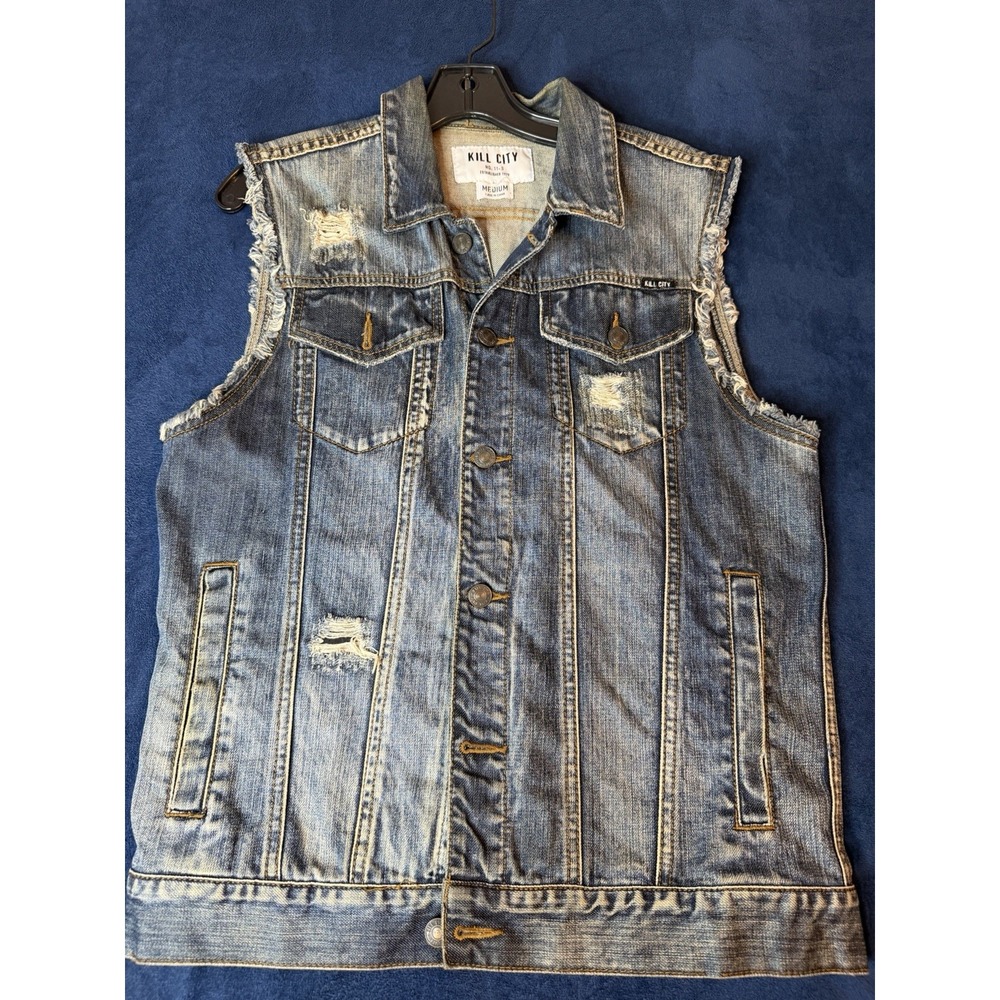 Kill City Distressed Denim Vest Mens Sz M Dark Wash Rocker Punk Retro Style